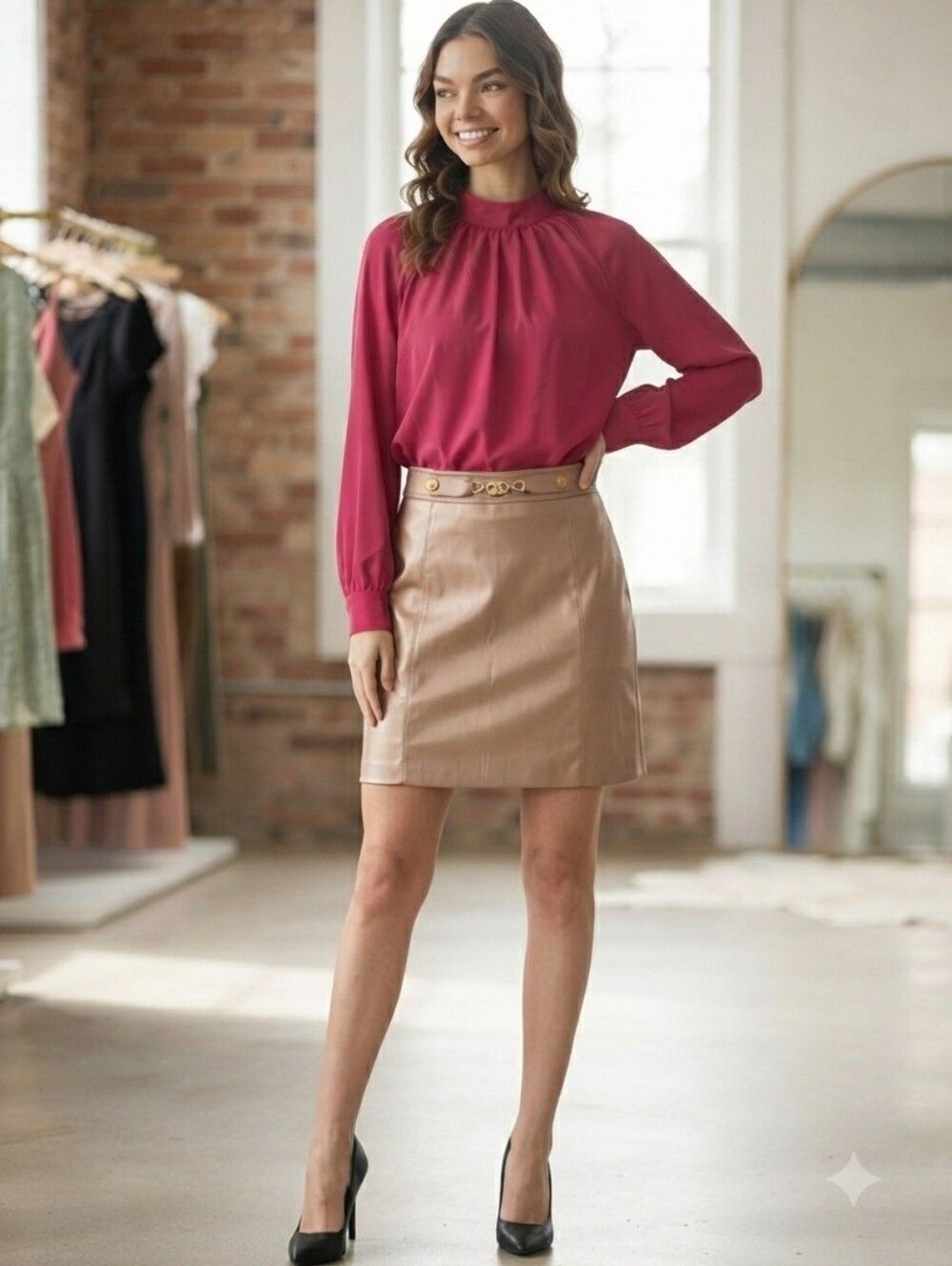 Faux Leather Tan Shimmer Mini - Sleek Pencil Above Knee Skirt Buckle Accent XL